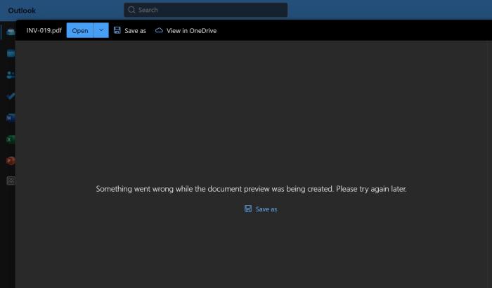 outlook offline attachment preview error