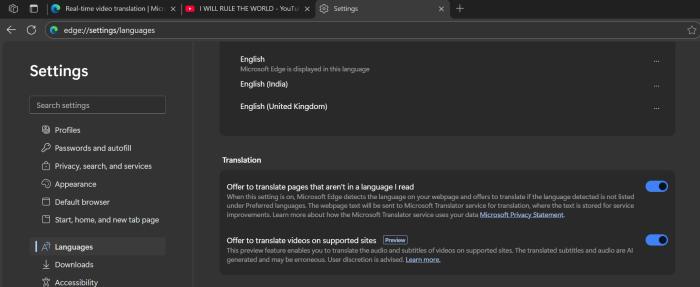 edge live video audio translation setting